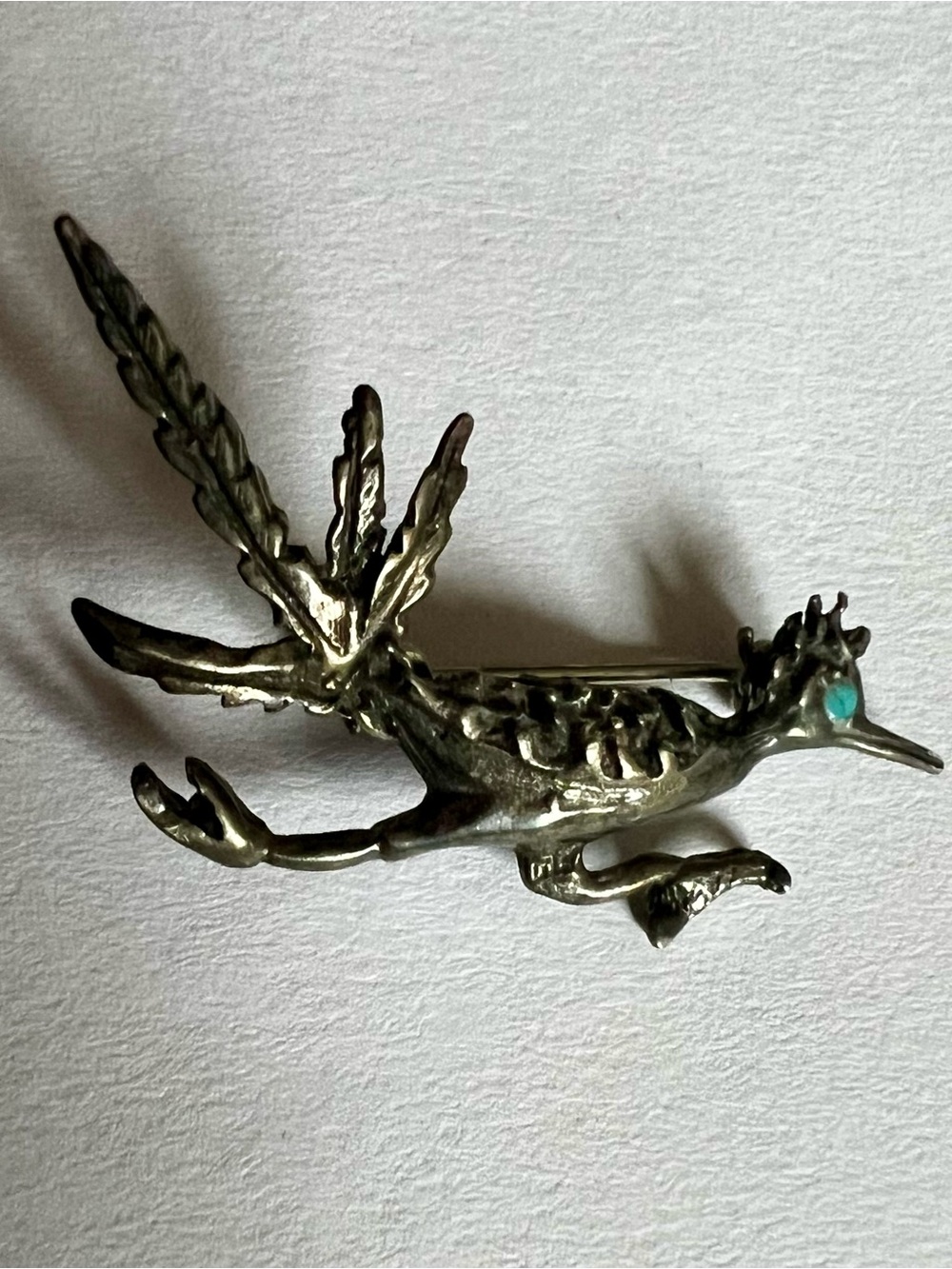 Vintage Sterling Silver 925 Road Runner With Turquoise Eye Brooch Pin